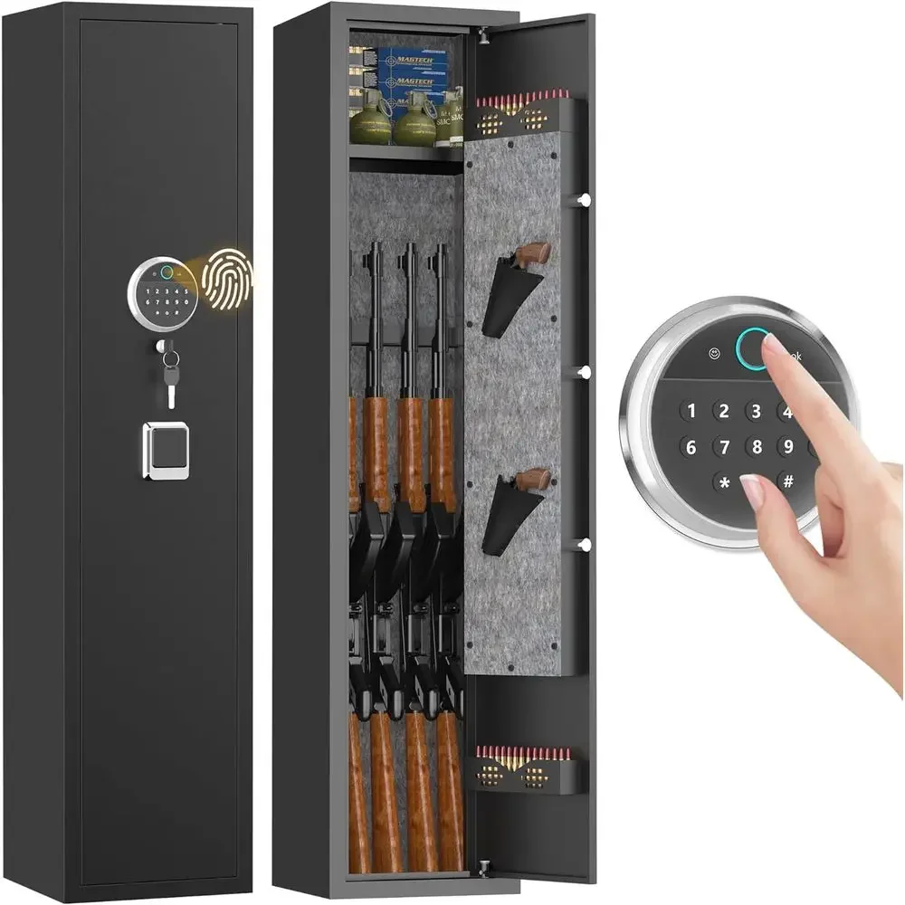 4-5 Gun Safe with Fingerprint & Keypad Lock, Alarm, Large Capacity Cabinet, Adjustable Rack, 52 Tall, Black