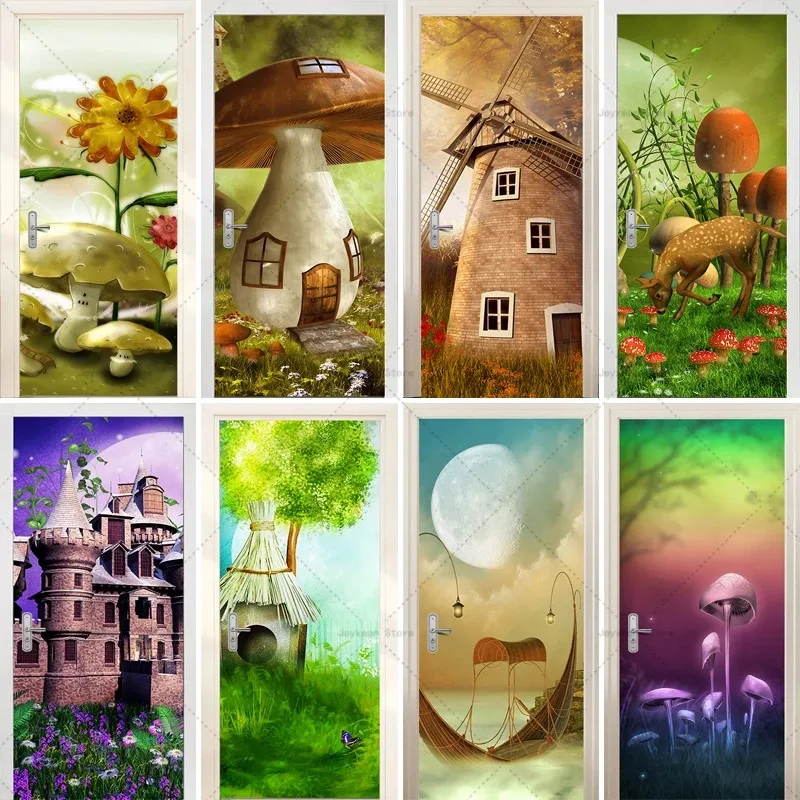 

Giant Mushroom Cottage 3D Door Sticker Self-Adhesive Full Door Wrap Wallpaper Customize Home Decoration Door Poster Stickers