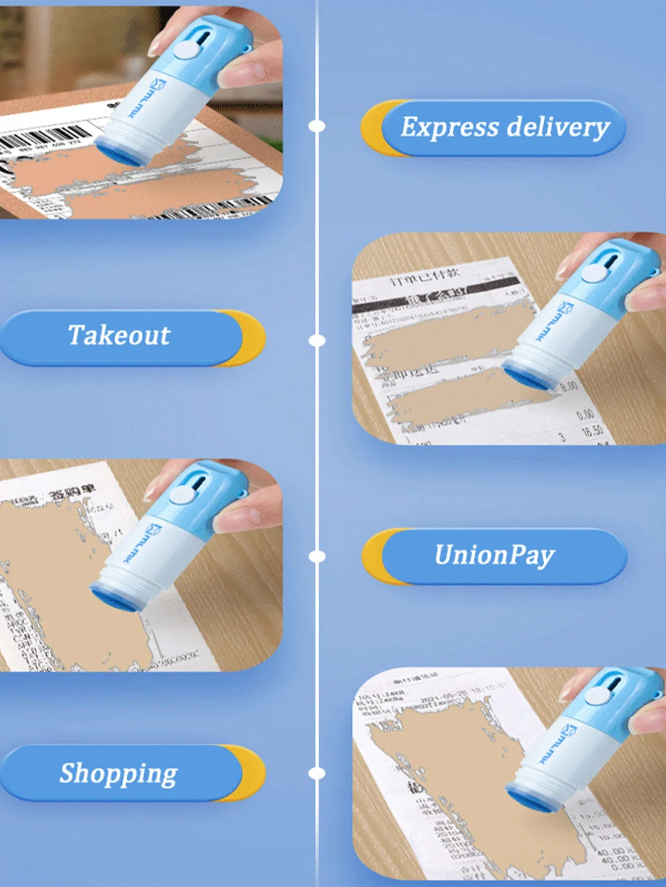 Papel térmico Correção Fluido, Data Identity Privacy Protection, Unboxing Faca Eraser, Express Home Office Acessórios