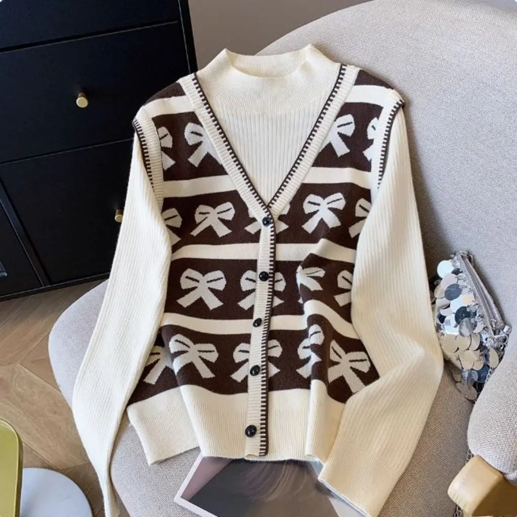 

New Loose Slimming Jacquard Knitted Sweater High Collar Fashion Base Layer for Autumn Winter Two-piece Style