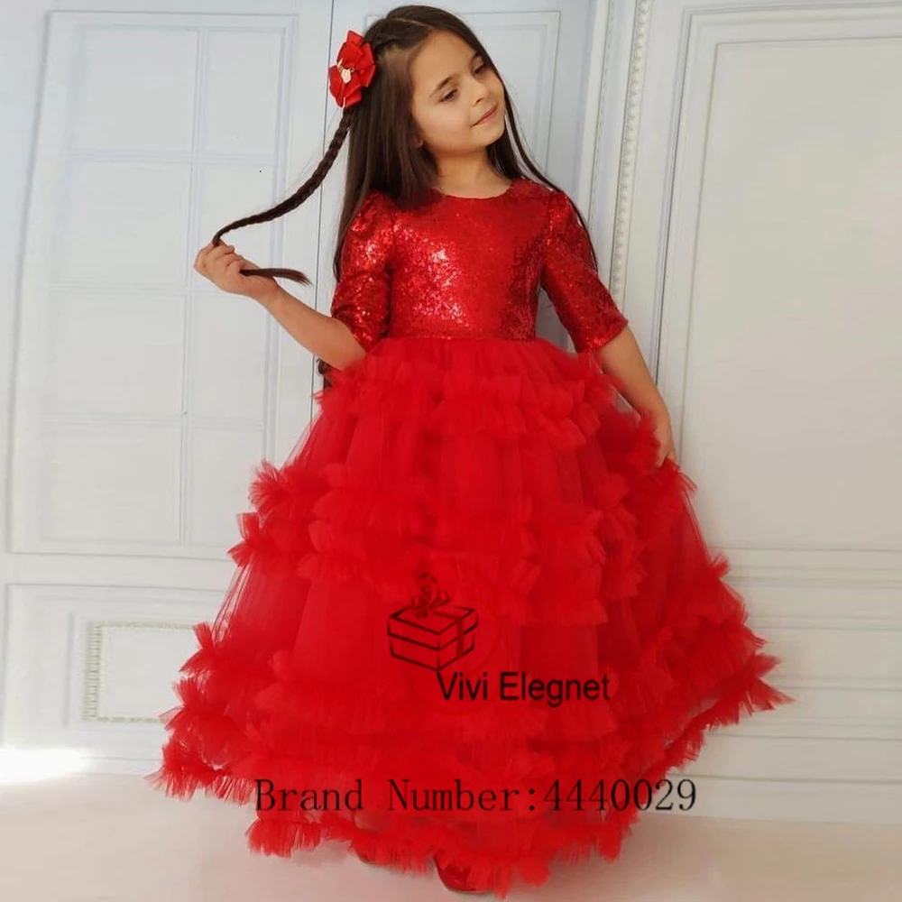 

Red Scoop Half Sleeve Flower Girl Dresses with Sequined 2023 New Floor Length Wedding Party Gowns Summer فساتين للحفلات الراقصة