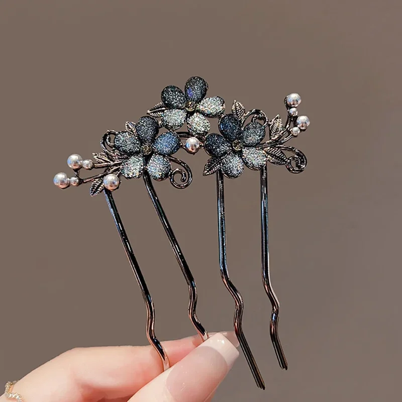 Chinese Ancient Style Exquisite Pearl Rhinestone Flower U-shaped Hair Comb Women Elegant Temperament Daily Metal Hairpin