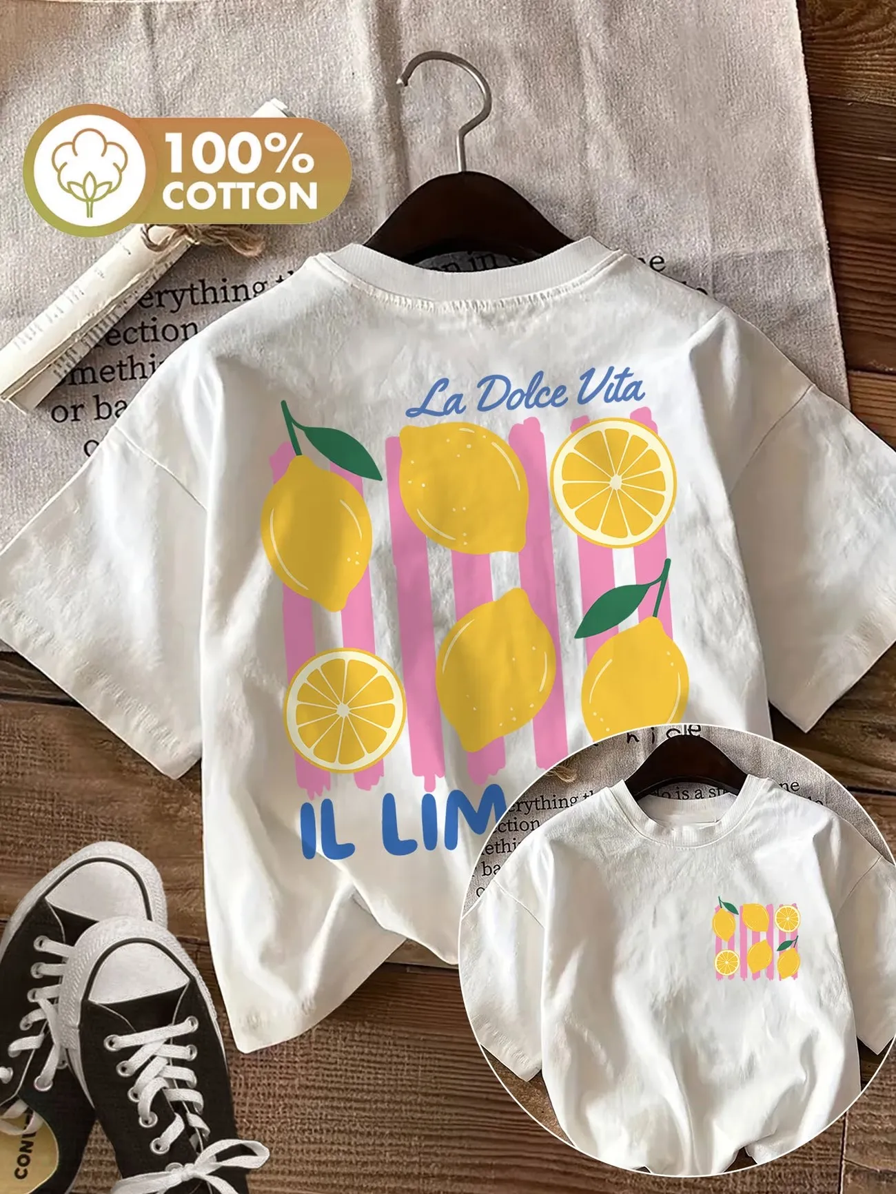 Übergroßes Retro-Zitronen La Dolce Vita 100% Baumwolle Damen-Print-T-Shirt Weiches Rundhals-Kurzarm-Oberteil Vintage-Shirt mit Zitronendesign – Detail 3