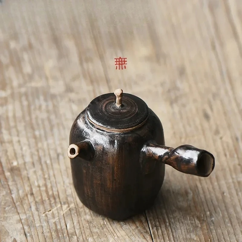 130ml Japanese Handmade Rough Pottery Side Handle Pot Creative Square Pot Chinese Tea Brewing Kettle Zen Kungfu Teaware Gift Box