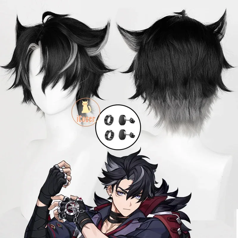 

Wriothesley Cosplay Wig Genshin Impact Black Gray Short Hair Earrings Fontaine Fortress of Meropide Halloween Party Women Props