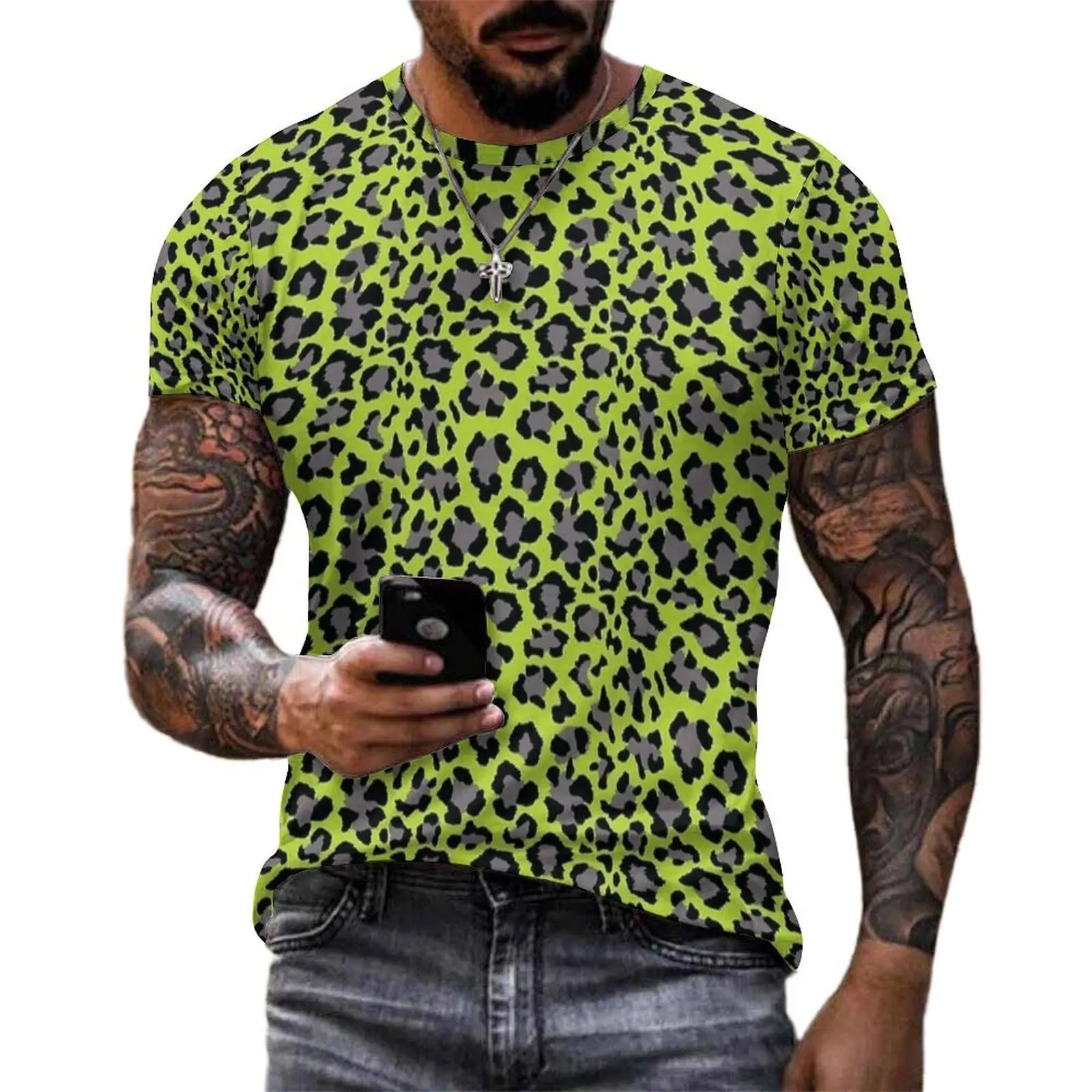 Lime Green Leopard Animal Print T Shirt Novelty T-Shirts Male Aesthetic Tee Shirt Summer Short Sleeves Pattern Tops Plus Size