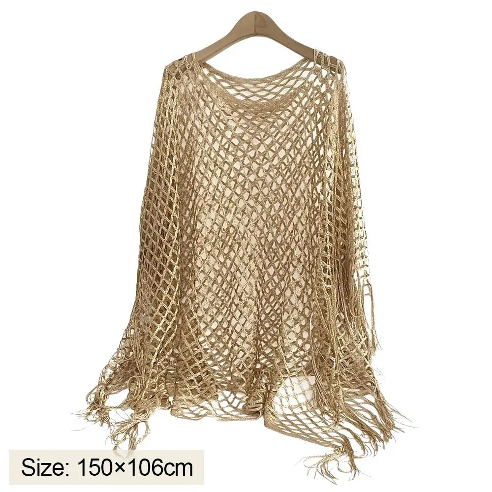 Simple Design Gold Silver Wire Mesh Shawl Jacket Hollowed Out Knitted Poncho Tassels Lace Beach Towel Sun Protection view 6