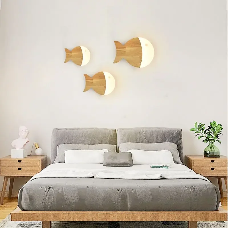 Creative Fish Wall Lights for Boy Girl Child Room Bedroom Kids Lamp Nordic Modern Led Home Decor Wood Lighting Fixture