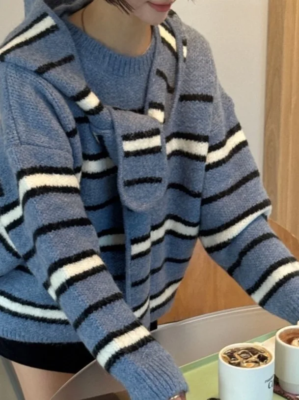 

Faionable Retro Striped Loose round Ne Knitwear Women's Winter Sweater with Hat Two-Piece Set French Sle Oversized Colo...
