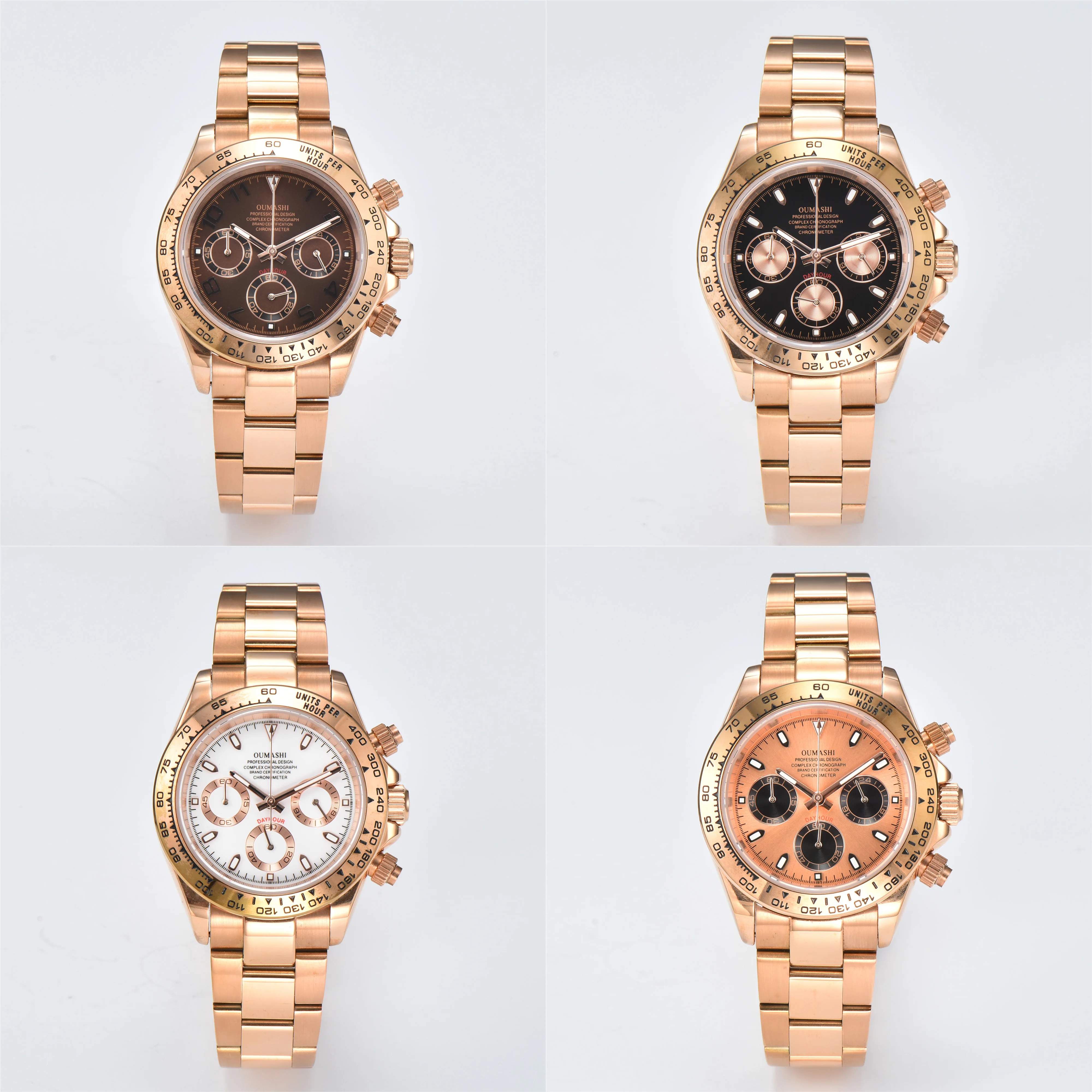 DTN series watch OUMASHI rose gold series diamond dial, rainbow crystal scale, sapphire glass waterproof VK63 chronograph