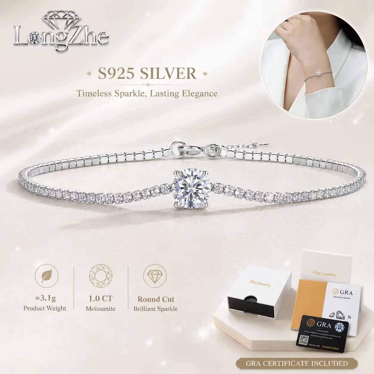 925 Sterling Silver 1CT Center Moissanite Tennis Bracelet 6.5mm 16+3cm Adjustable Chain with Optional GRA for Women Fine Jewelry