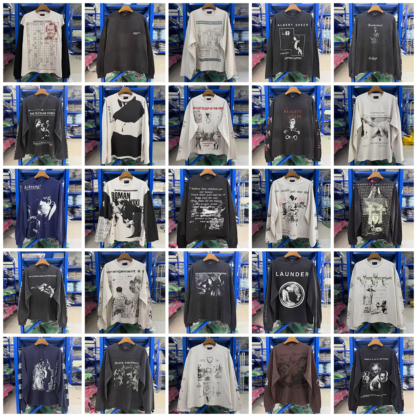 Retro Print Long Sleeve T-Shirt Men's Women's Loose Casual Hole Worn Base Shirt American Style Depressed Second Generation