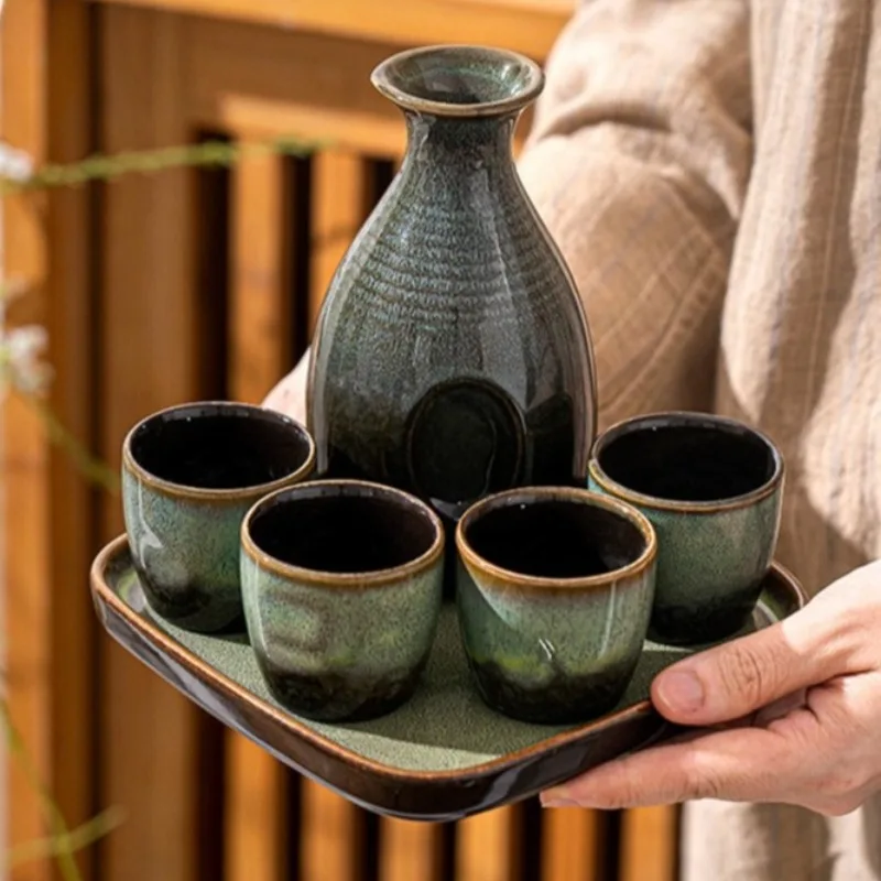 Japanese Ceramic Sake Set Creative Retro Kiln Transformation Wine Set Baijiu Glass Wine Dispenser Tray Home Drinking Utensils
