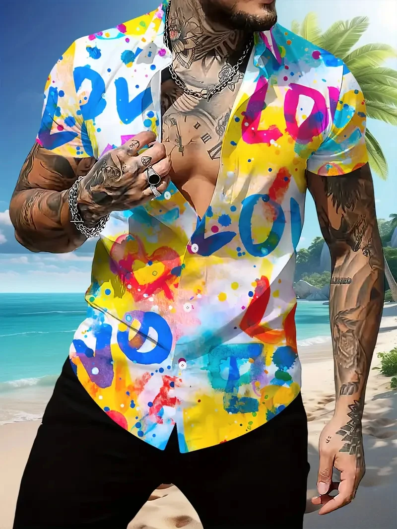 

Fashion Colorful Graffiti Men's Button Up Shirt Casual Loose Beach Shirt Turn Down Collar Single-breasted Short Sleeve Shirt Man