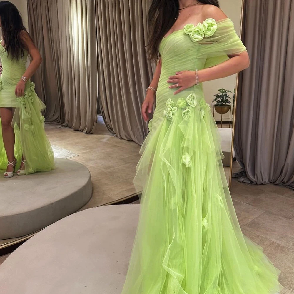 

Customized Modern Front Slit Sweetheart One Shoulder Pleats Flowers Evening Dress Fashion A-Line Organza Zipper Back Party Gown