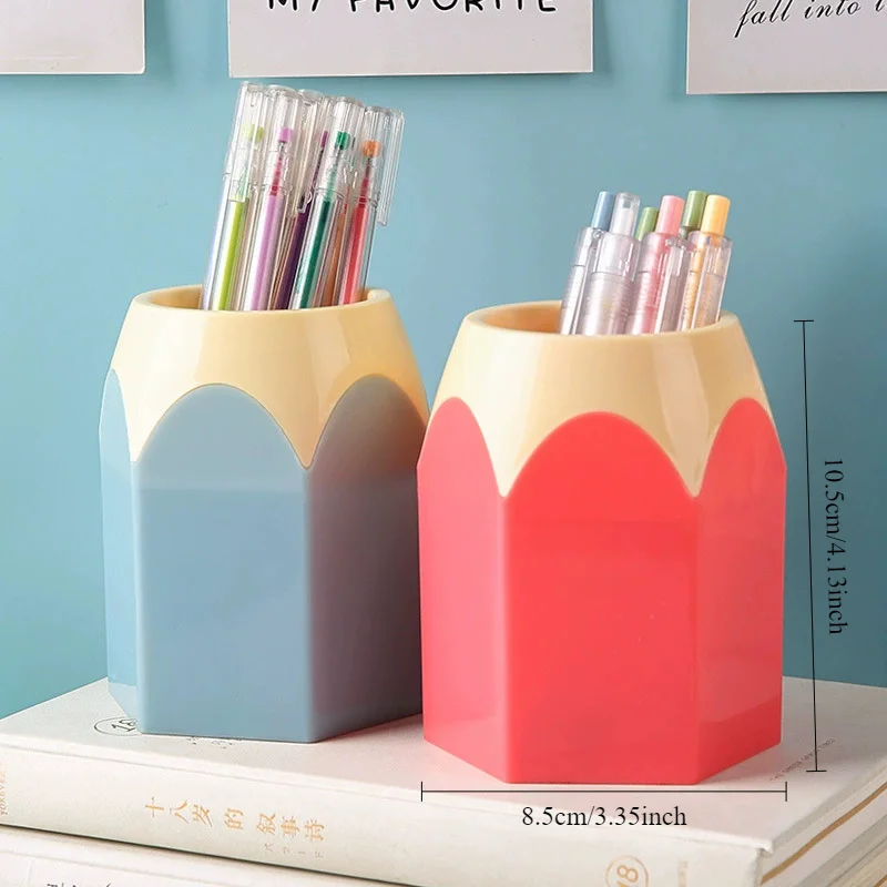 مجموعة منظم مكتب على شكل قلم رصاص كرتوني مكونة من 9/6 قطع |   حامل أقلام بلاستيكي من البولي ايثيلين مع كوب وصندوق، وحدة تخزين قرطاسية ملونة للمكتب