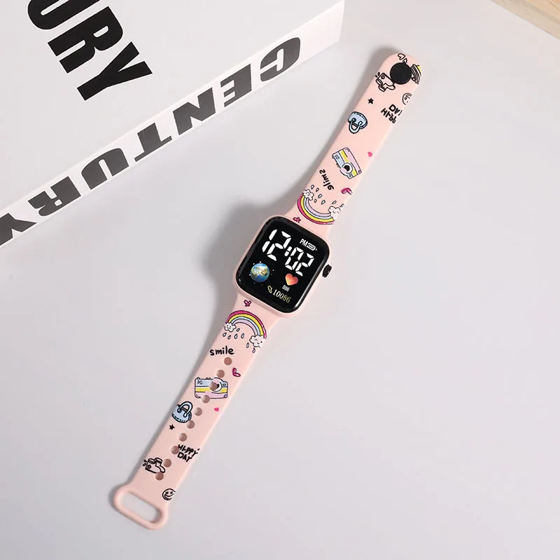 Fashion Hello Kitty Cartoon Printed Button LED Electric Watch Girls Teenager Personality Stitch Printed Square Children Watch 