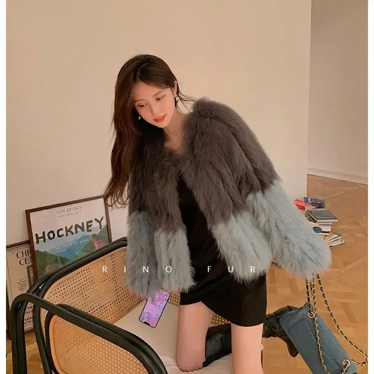 Faux Fox Fox Fur Splice Color Contrast Bomber Jacket Strips Sewed Fluffy Imitation Mink Fur Coat Furry Cardigan Hair Parkas Tops