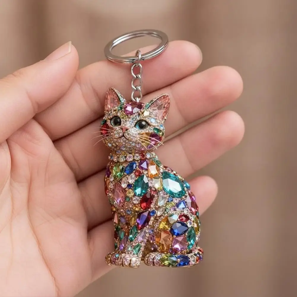 Cute Rhinestone Cat Keychain Mini Acrylic Bling Kitten Hanging Ornament 2D Flat Key Ring for Purse Car Keys Backpacks Handbags