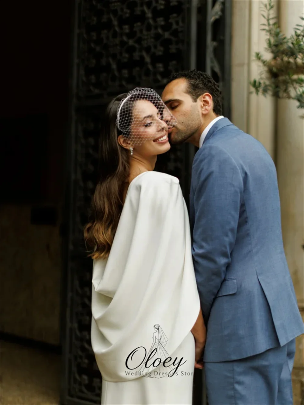 OLOEY Elegant Detachable Shawl Satin Bridal Gown Boat Neck Mermaid Wedding Dresses For Woman Customized Vestidos De Novia