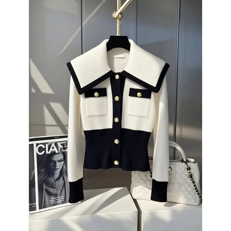 

2025 Autumn Winter Black and White Contrast Lapel Knitted Sweater Cardigan Woman Casual Long Sleeve Ladies Knitwear Jacket Tops