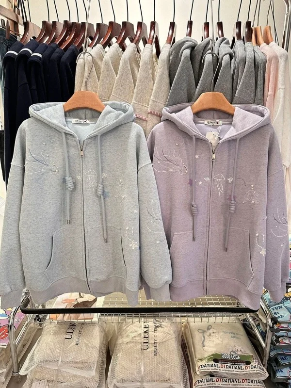 Thickened Embroidered Hoodie Sweatshirt Women's Fleece Lined Zipper Jacket Korean Style Loose Fit Autumn Winter Coat