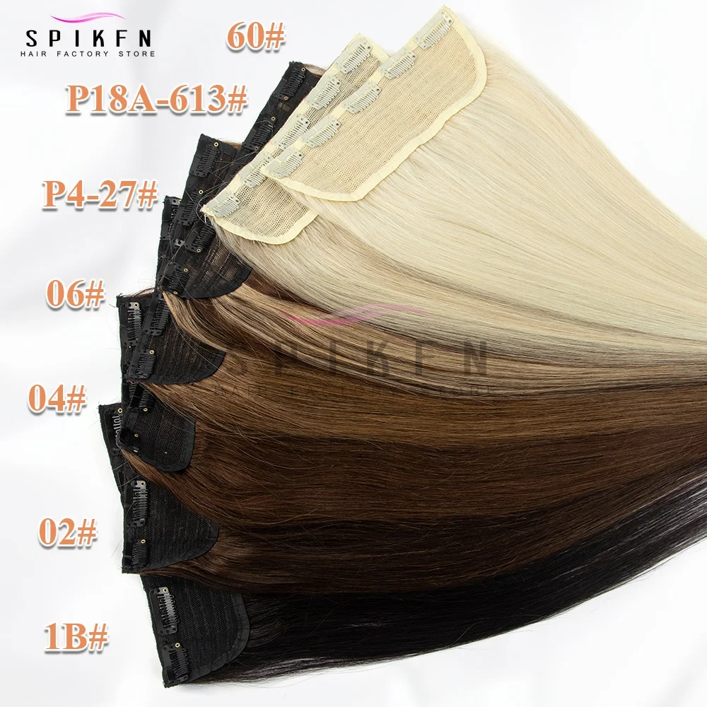 SPIKFN 클립형 원피스 헤어 익스텐션 14"-22인치 머신 레미 헤어피스 내추럴 스트레이트 블랙 브라운 블론드 착용 용이