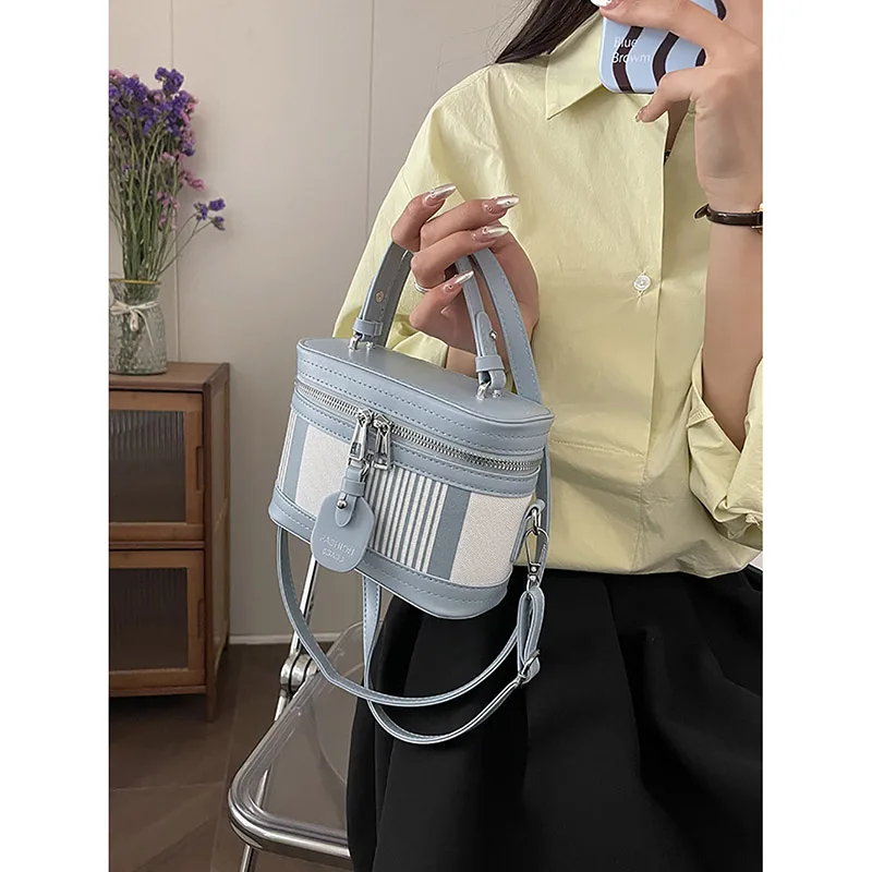 Korean Color Contrast Striped Canvas Splice Handbag Women High-end Fashion Mini Square Bag Casual Single Shoulder Crossbody Bag