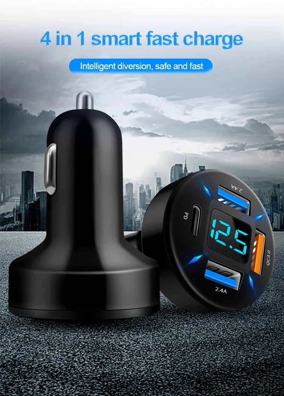 4 Ports USB Car Charger Fast Charging PD Quick Charge 3.0 USB C Car Phone Charger Adapter For iPhone 13 12 Xiaomi Samsung