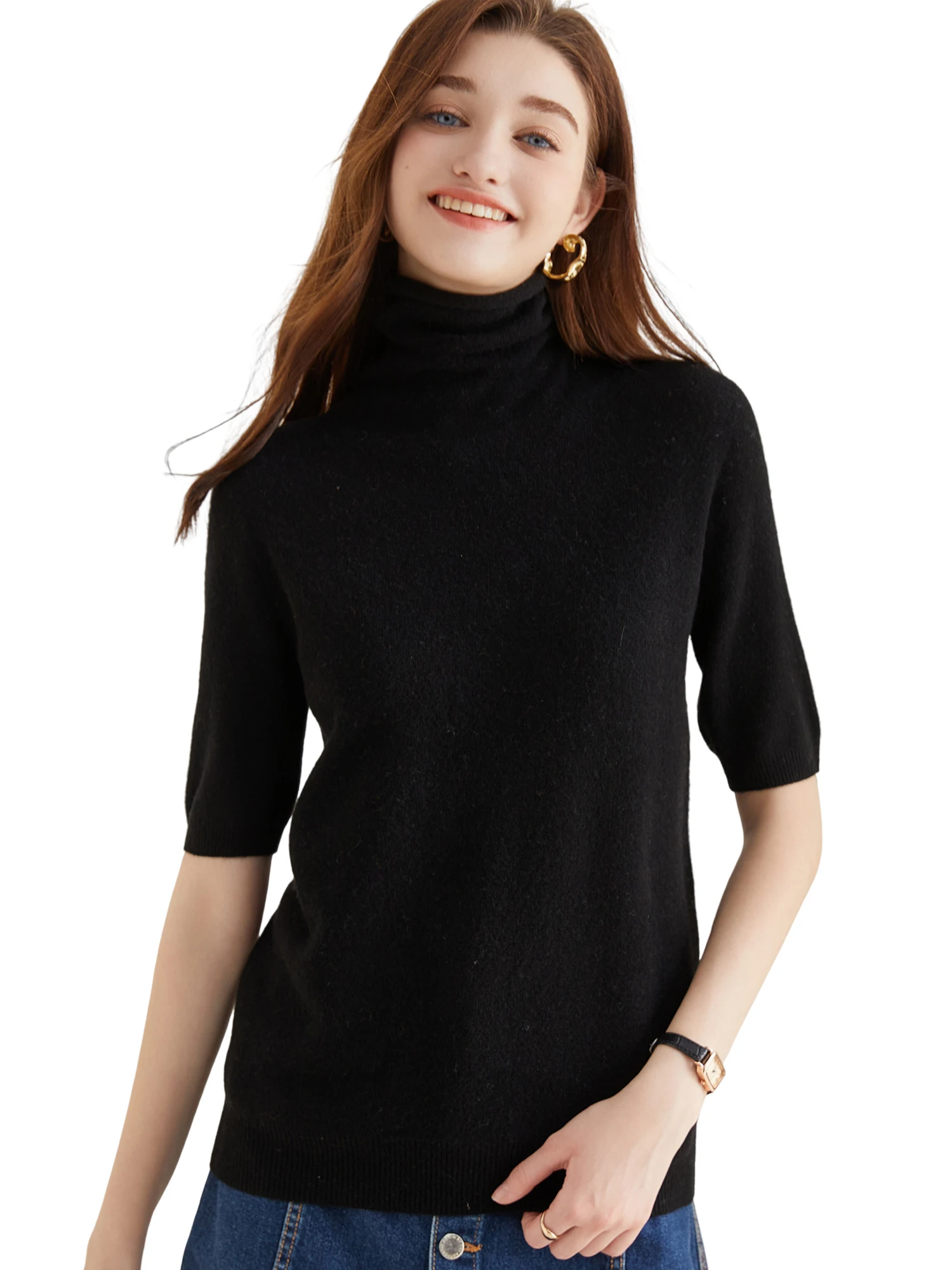 Women's Sweater Short Sleeve Fashion Women Sweaters 2023 New 100% Merino Wool Knitwears Vintage Tops Turtleneck Pullover Clothes