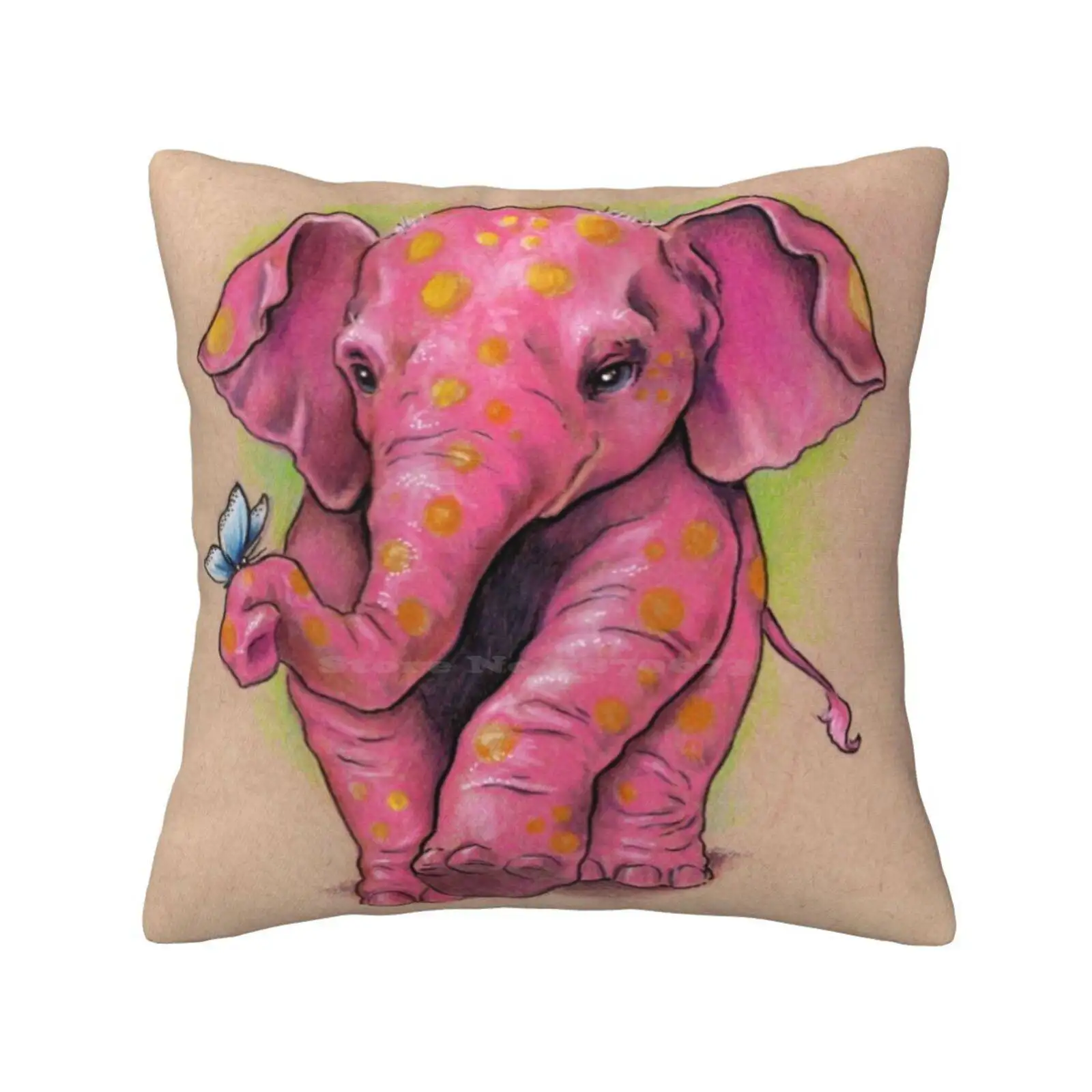 Pink Elephant ( With Golden Spots ) Home Sofa Car Cushion Cover Pillowcase Pink Elephant Drunk Butterfly Original Drawing