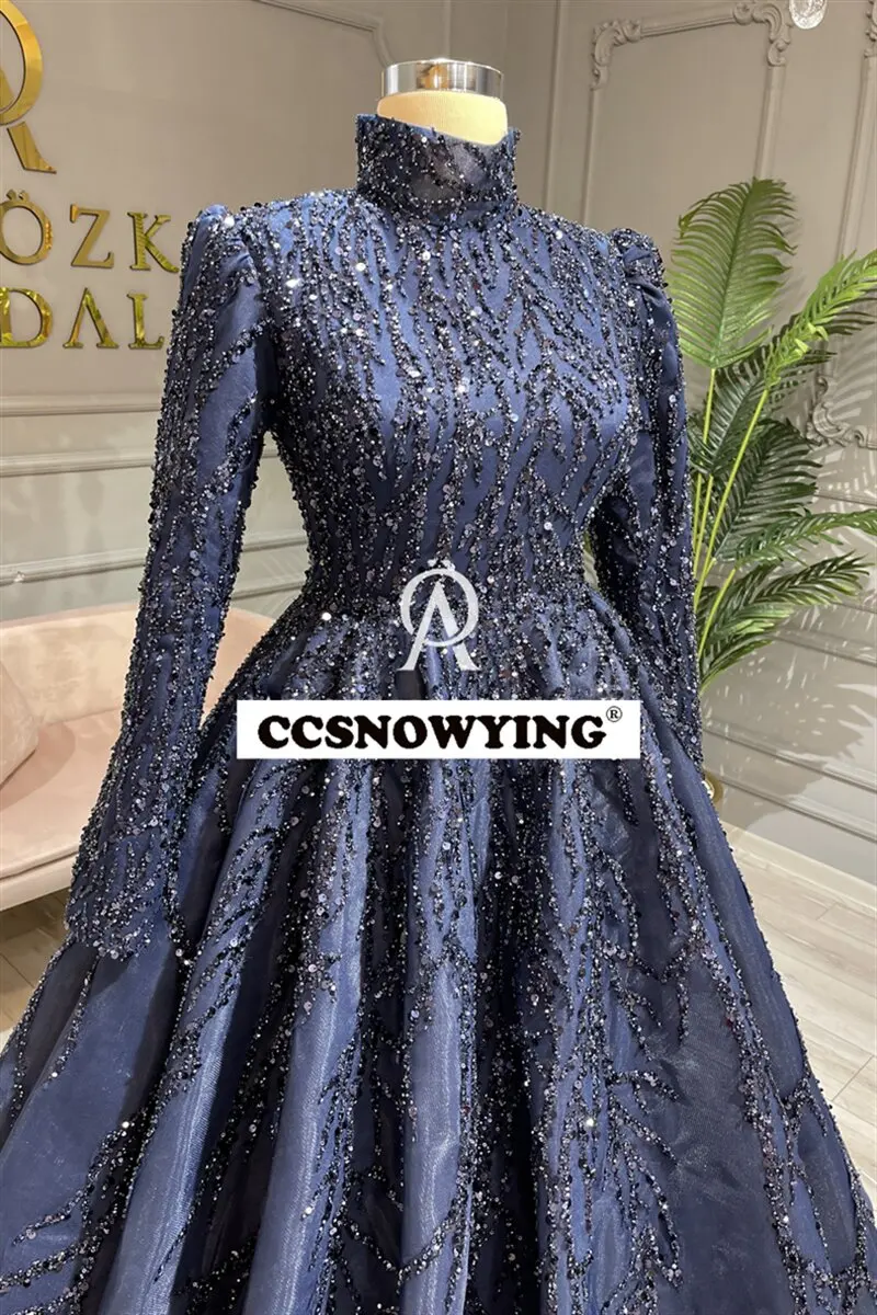 Organza Appliques Beaded Muslim Evening Dresses Long Sleeve Islamic Formal Party Gowns High Neck Women Arabic Robes De Soirée