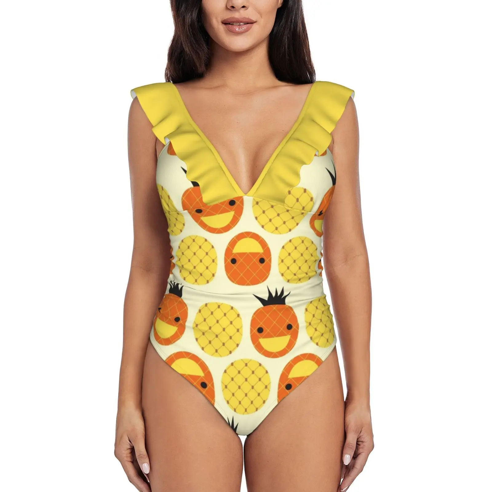 Dotty Pineapples Ii Ruffled One-Piece Swimsuit Women Sexy Monokini Swimwear New Beach Bathing Suits Pineapple Pineapples Fruits