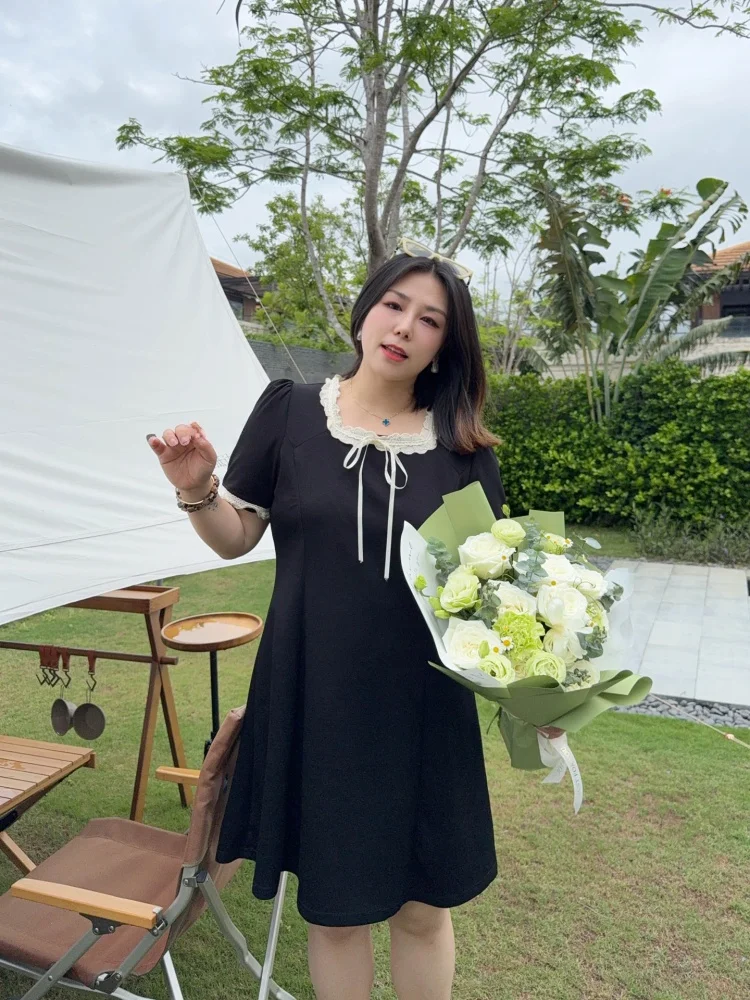 

VOGANA Платье миди большого размера А-силуэта с кружевной отделкой, приталенное, с цветочным принтом, весна-лето, из смесового хлопка, с коротким рукавом