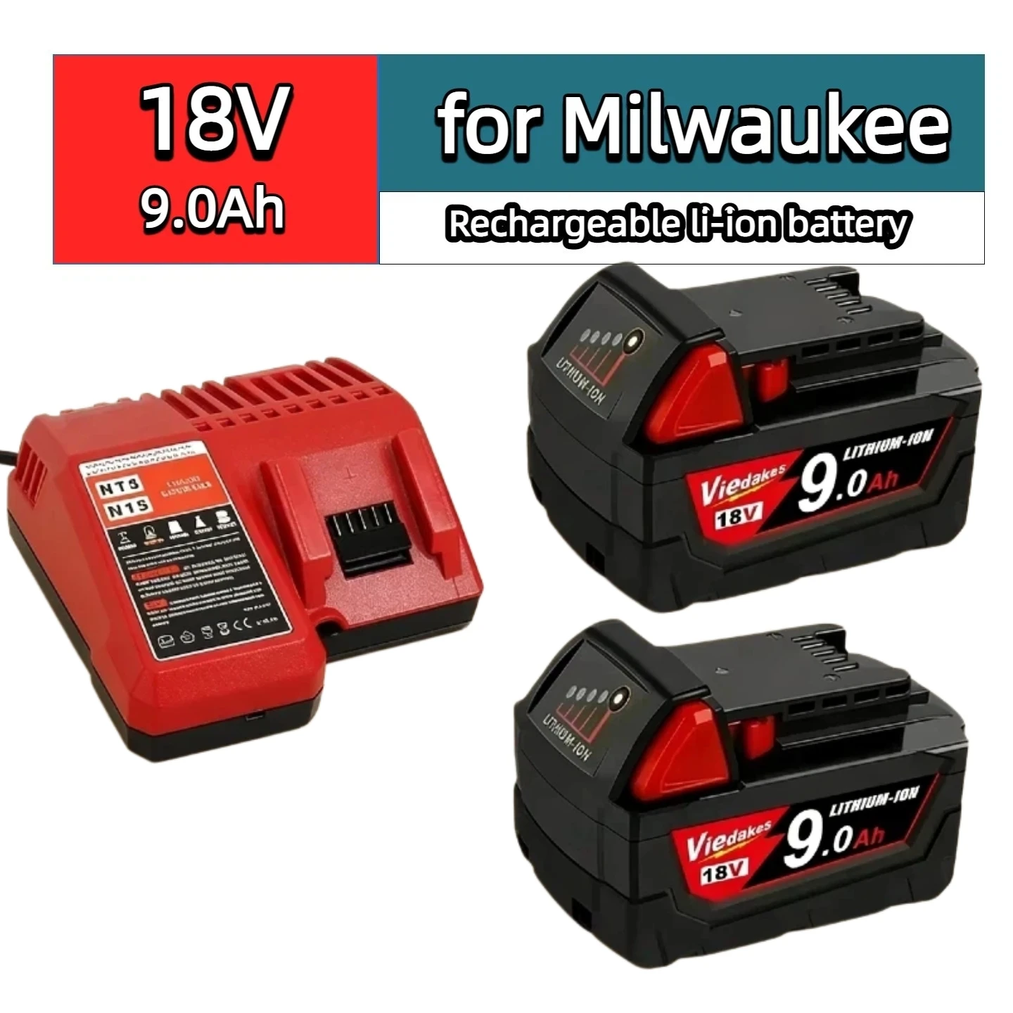 

18V 9Ah 18650 Lithium Battery Viedakes Original for Milwaukee Battery Compatible with M18 48-11-1850 XC