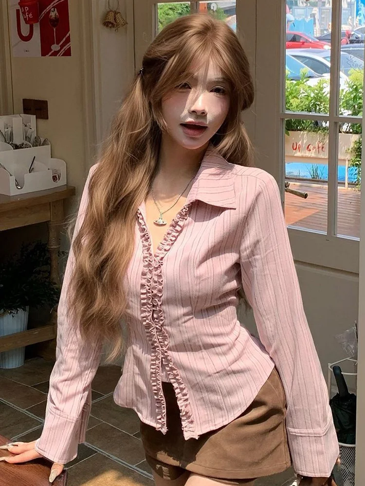 

Pink Striped Slim Shirt Women Vintage Long Sleeve Sexy V Neck Back Lace Up Blouse American Spring Casual Ruffles Lady Retro Tops