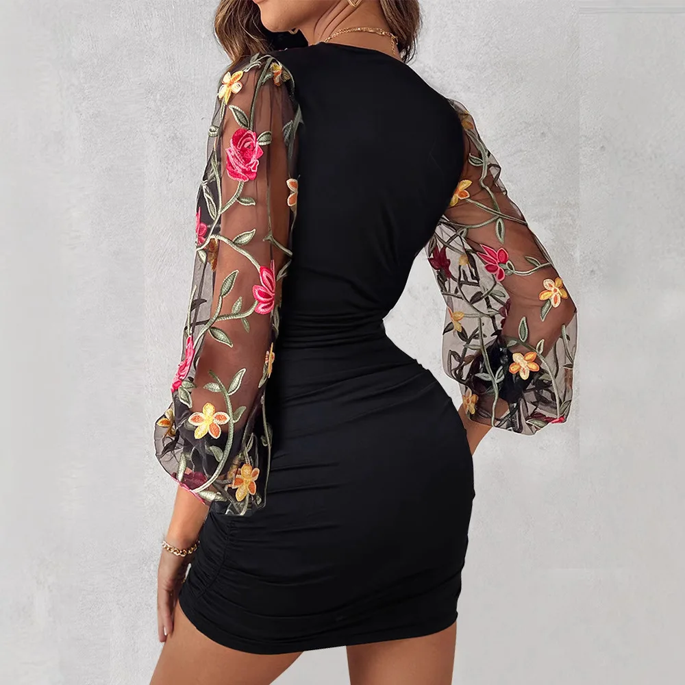 Women Floral Pattern Embroidery V Neck Sheer Mesh Patch Bodycon Dress Ruched Mini Dress