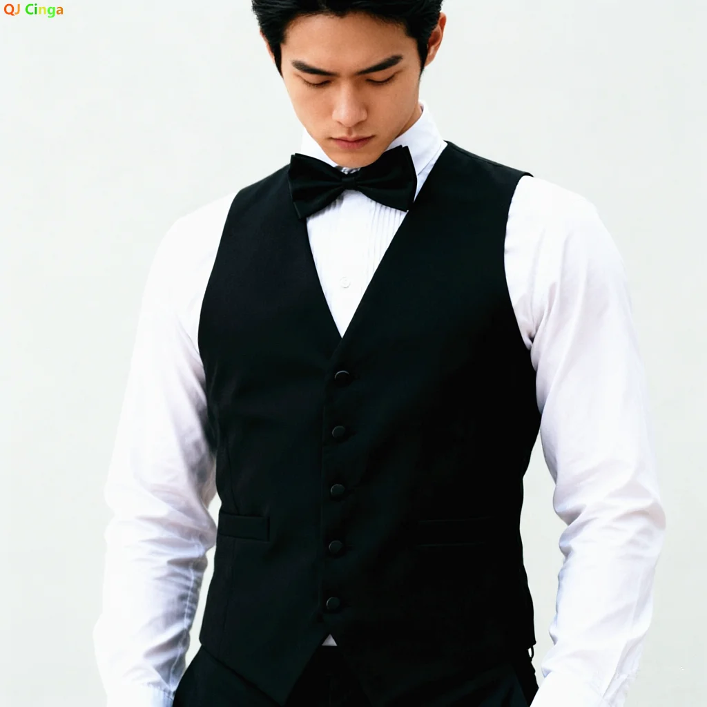 

Men's Black Dress Vest(Vests and Bow Ties) Host Emcee Stage Performance White Waistcoat, Party/Chorus Tops.