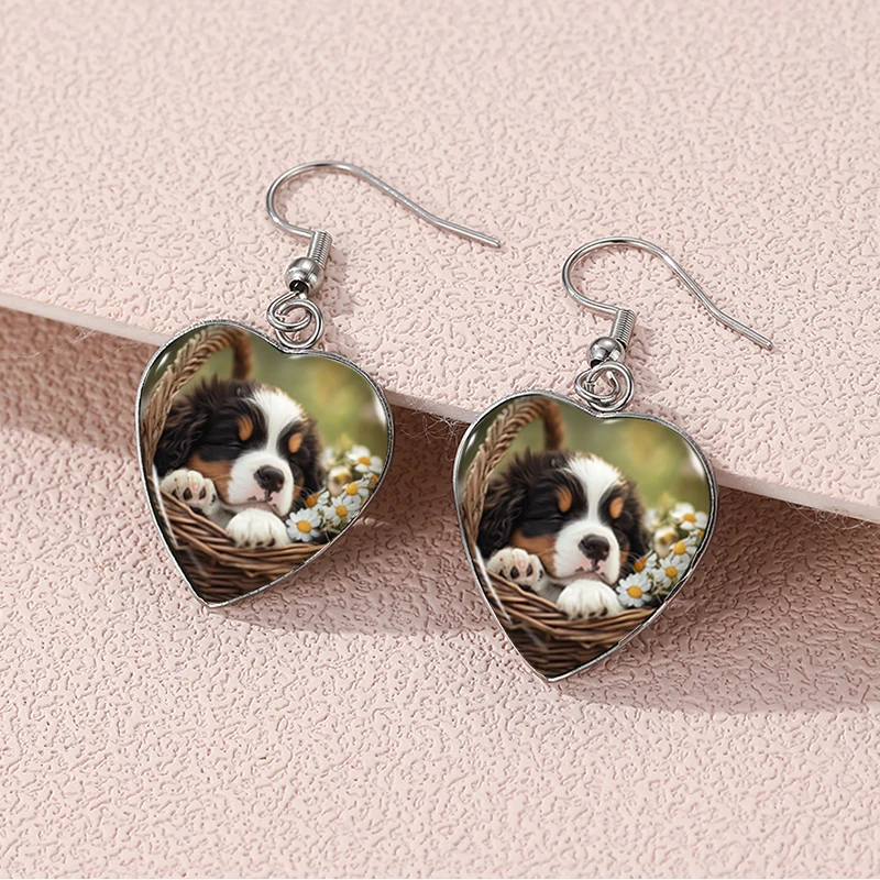 2024 New Bernese Mountain Dog Dangle Earring Heart Shaped Earrings Handmade Glass Dome Jewelry view 2