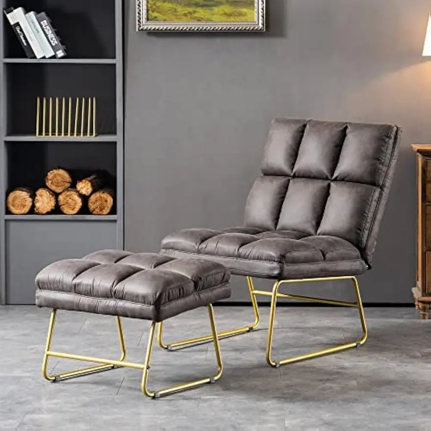 Accent Chair with Ottoman, Modern Upholstered Lounge Chair, Gold Metal Frame, Soft Suede Fabric Reading Chair for Living Room, B