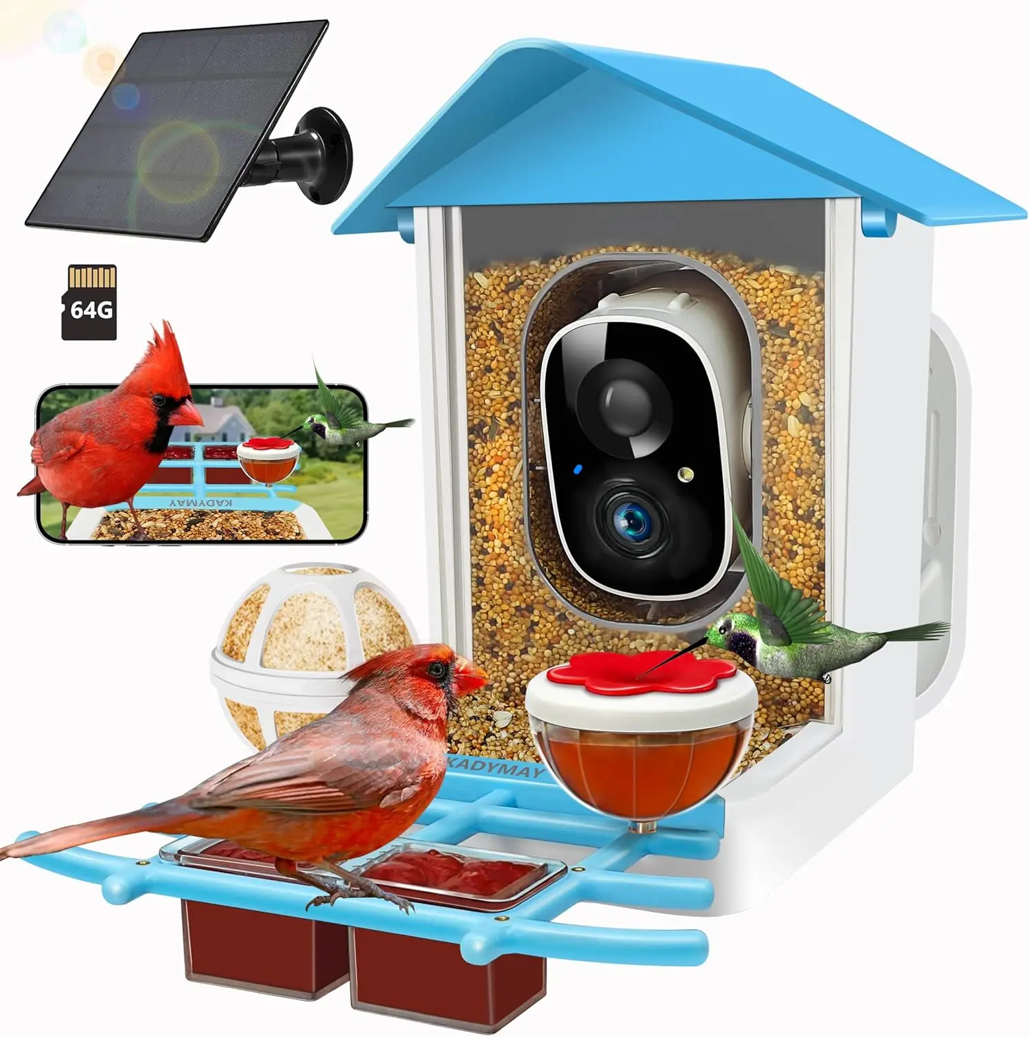 

64GB Solar Bird Feeder Camera, AI Identifies 10K+ Birds, 2K HD Live Video on Phone, Wireless Outdoor