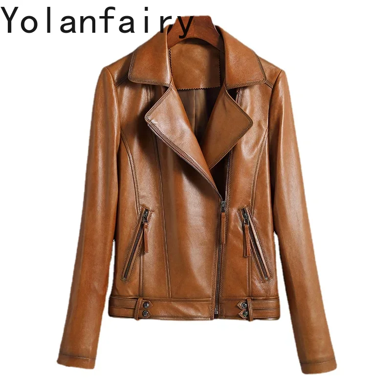 

YOLANFAIRY, куртки из 100% натуральной овчины для женщин, весенне-осенняя корейская женская мотоциклетная куртка из натуральной кожи