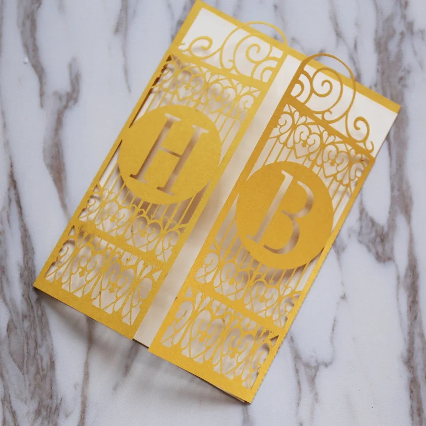 

5x7 inch 50pcs Gold Celtic Gate Laser Cut Wedding Invitation,Great Gatsby style invitations, personalized gate folded cards
