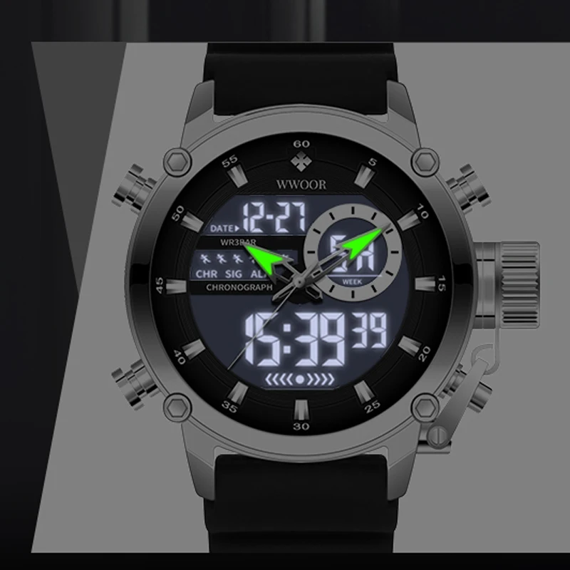 

Wwoor Brand Men's Sport Dual Core Led Digital Display Quartz Watches Men Waterproof Male Military Nylon Belt Silicone Optional