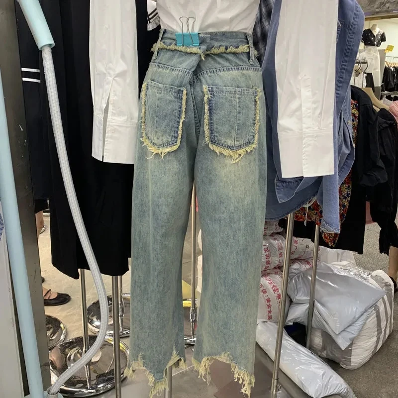 Vintage Hole Tassel Straight Jeans Women Loose Denim Pants 2023 High Waist Casual Pants Streetwear Female Jeans Big Size 5XL