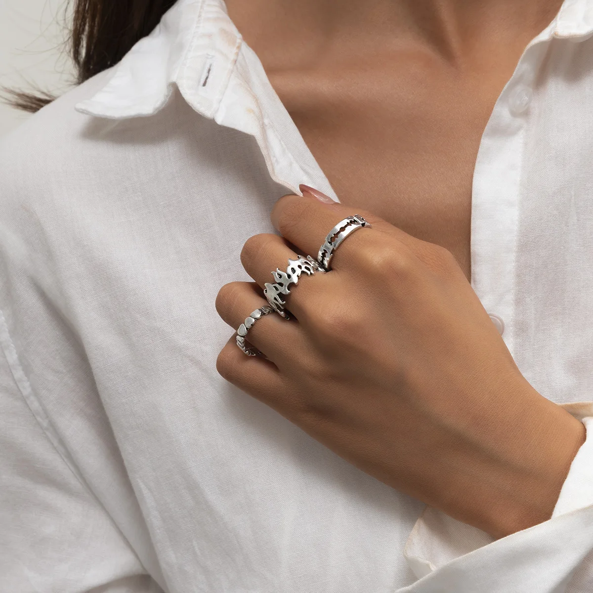 DIY accessories European and American retro old simple niche design ring set flame peach heart shape cool personality opening ri