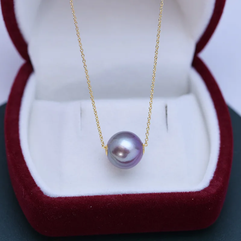 noble Amazing AAA 11-10mm round Qiangguang Pearl Demon Purple Road Traffic S925 Silver Pendant Necklace