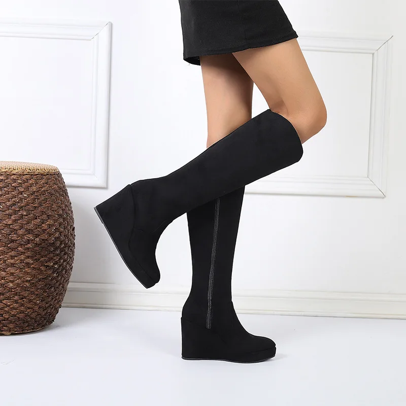 2024 Autumn Early Winter Shoes Women Knee High Boots Single Wedges Ladies Ankle Boots Plus Size 42 Black Wedge Heels 10cm D167