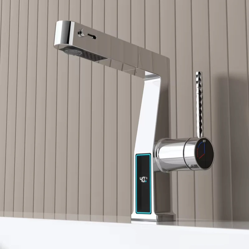 Modern Digital Display Pull-Out Faucet for Bathroom New Hot Cold Double Open Multi-Function Design Brass Basin Taps Ceramic