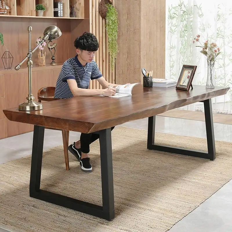 

American retro solid wood desk irregular edge long strip boss computer table and chair combination wrought iron home desk